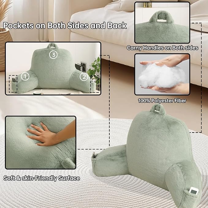 Large Plush Backrest Pillow for Sitting in Bed,Faux Fur,Green | 19" Back Pillow with Arms Supports Adults,College Students,Elbows & Forearms for Dorm Reading,Gaming,Watching TV - Image 5