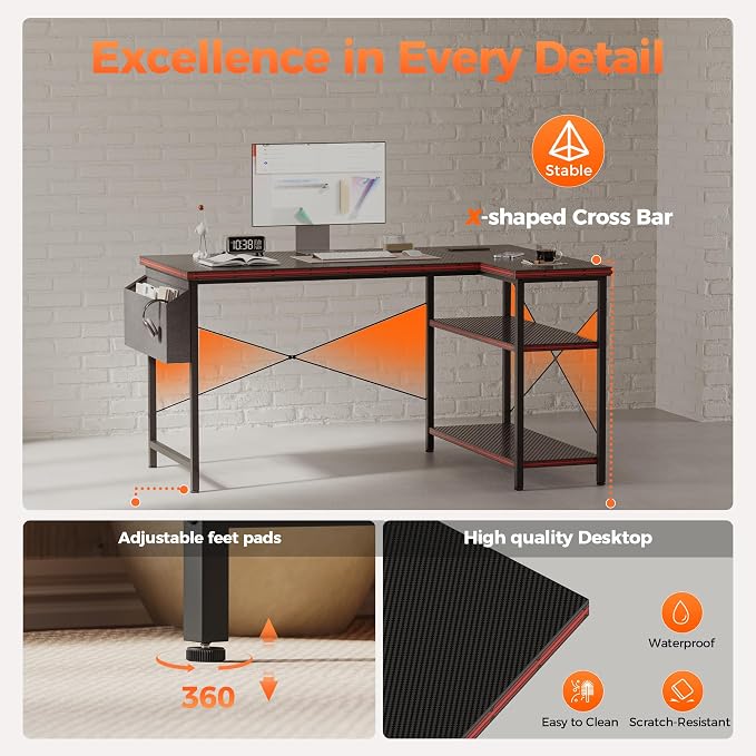 Mericonia 39 inch Corner Desk with Shelves, Small L Shaped Gaming Desk | Reversible Computer Desk with Power Outlets & Storage Bag, Office Table for Home Bedroom Study Work Writing - Image 5