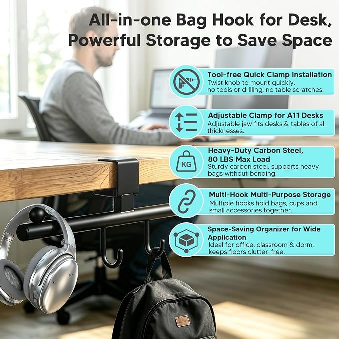 Heavy-Deauty Bag Hook for Desk,Adjustable Desk Hook - Image 2