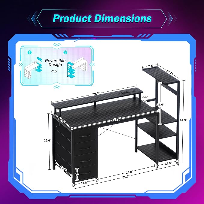 51 Inch Gaming Desk with Drawers & PC Tower Stand & LED Lights, Black - Image 3