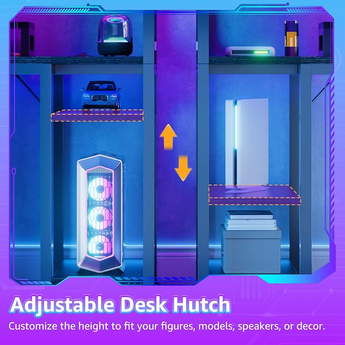 40 inch Small Gaming Desk with Pegboard Shelves Computer Desks with Led Lights Power Outlets PC Monitor Stand Reversible Storage Shelf Table for Bedroom Small Space, Black - Image 8