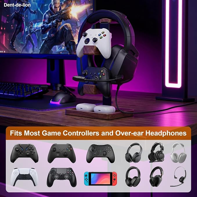 2-in-1 Solid Wood Headset Stand with Dual Game Controller Holder | Gaming Headphone Stand with Storage Base, 6 Joystick Sponge Rings and 8 Thumb Grips Gaming Equipment Accessories for Desk - Image 5