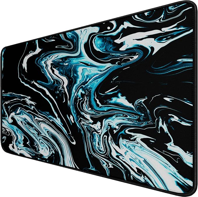 Gaming Mouse Pad with Stitched Edges, Durable Non-Slip Natural Rubber Base, Waterproof Computer Keyboard Pad Mat for Esports Pros/Gamer/Desktop/Office/Home - Marble Cyan by Hsmienk