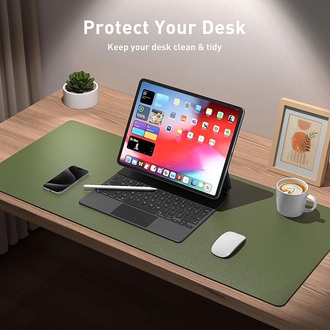 Aothia Leather Desk Pad Protector, Mouse Pad, Office Desk Mat, Non-Slip PU Leather Desk Blotter, Laptop Desk Pad, Waterproof Desk Writing Pad for Office and Home (48"x17", Olive Green) - Image 3