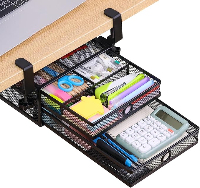 Under Desk Drawer, Clamp on Desk Organizer Slide Out Table Storage No Drill by OfficeProducts