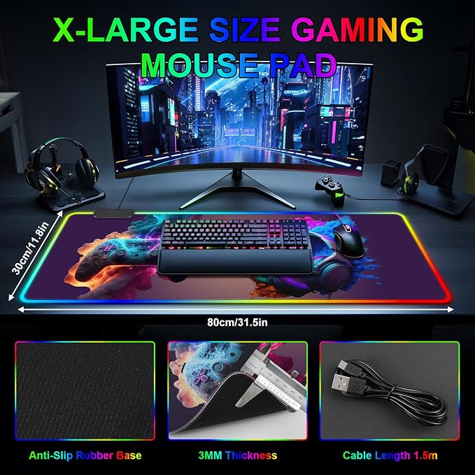 RGB Mouse Pad, Gaming Mousepad with 13 LED Light Modes | 31.5X11.8inch Large Mouse Mat, Gaming Mats for Desk with Non-Slip Rubber Base - Image 4
