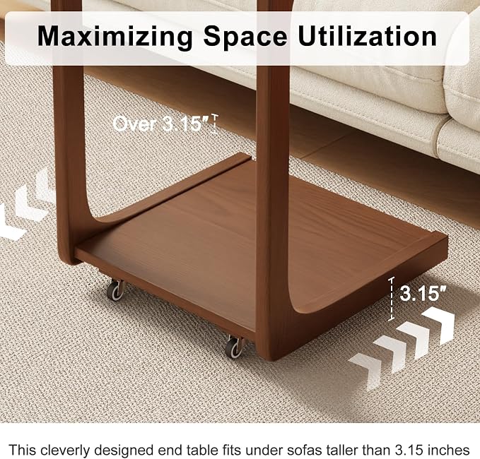 AQIMUELE Wooden C-Shaped End Table,Couch Table with Adjustable Desktop,Small Rolling Side Table with 2 Lockable Wheels 23.6" Width,Small End Table for Couch, Living Room,Bedroom (Walnut) - Image 5