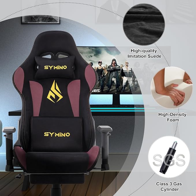 Symino Gaming Chair, High Back Ergonomic Office Chair with 2D Adjustable Armrests, 150° Recline, Breathable Faux Suede, Adjustable Headrest & Footrest for Home Office - Image 7