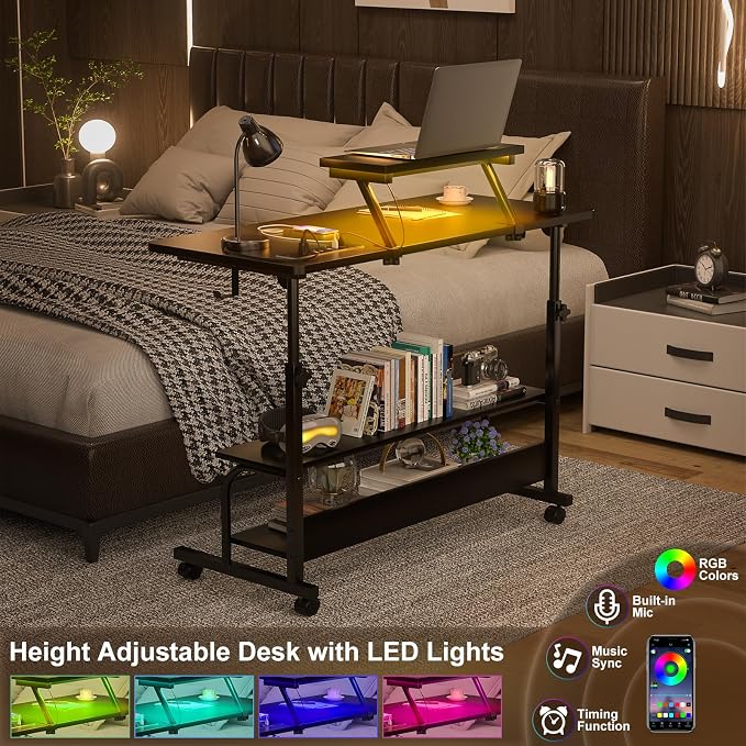 Height Adjustable Standing Desk with Power Outlets and LED Lights - 39" Manual Stand Up Desk with Monitor Stand and Storage Shelves Small Mobile Rolling Computer Desk Portable Laptop Table, Black - Image 5