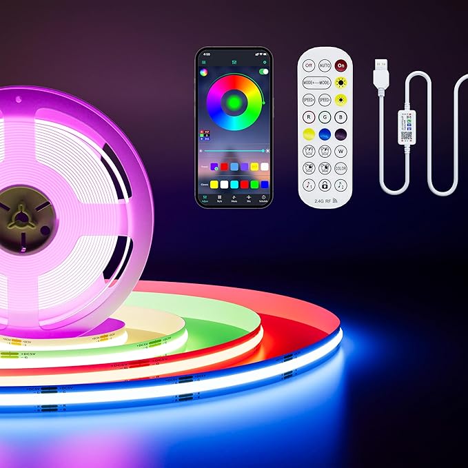 PAUTIX 5V USB COB RGB LED Strip Light 9.84ft/3m Color Changing Light Strips,TV Backlight Multicolor Flexible Under Cabinet Tape Lights with Bluetooth Control for Bedroom,Kitchen,Home DIY Lighting by PAUTIX