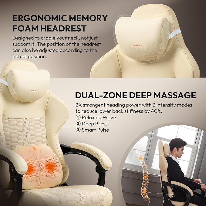 Dowinx Big & Tall Vintage Gaming Chair for Adults, 400 lb Capacity Heavy Duty Ergonomic Computer Chair with Massage Lumbar, Footrest & Easy Side Recline, Beige - Image 7
