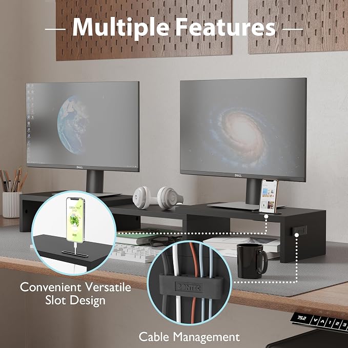 BONTEC Dual Monitor Stand Riser, Adjustable Length & Swivel Angle, Black | Ergonomic Wooden Desktop Organizer with Smartphone Holder, Computer Monitor Stand for PC, Laptop,Printer and Large Storage - Image 6