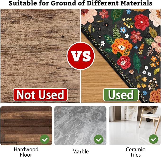 Office Chair Mat for Hardwood & Tile Floor,Boho Floral 60"x48" Office Computer Chair Mat for Rolling Chairs,Under Desk Non Slip Gaming Rug,Rubber Backing Large Low-Pile Carpet Protector Mat(Black) - Image 4