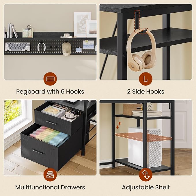 65-inch Gaming Desk with Power Outlets,LED Lights, 4 Storage Shelves,Home Office Desk with Monitor Shelf, Pegboard 8 Hooks Mouse Pad, 2 Drawers, 2 Side Hooks, Black - Image 3