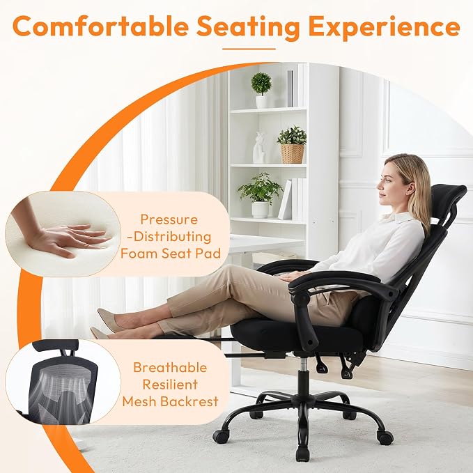 Desk Chair with Foot Rest, High-Back Mesh Office Chair, Classic Black | Reclining Gaming Chair with Headrest and Adjustable Lumbar Support, 90°-130° Reclining, for Home Office and Gaming - Image 8