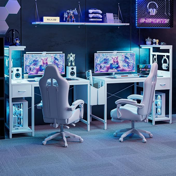 Grandder Gaming Desk 47 Inch with Power Outlet and LED Light, Computer Desk with Reversible Shelves and Storage Drawer, Pc Small Desk for Home Office Table with Bag, Carbon Fiber White - Image 4