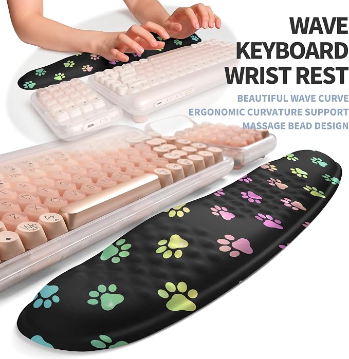 2-in-1 Ergonomic Set, Wave Keyboard Wrist Rest and Massage Slope Mouse Pad Wrist Support, Rebound Memory Foam for Relieve Carpal Tunnel Syndrome and Wrist Pain (Cute Cat Claws) - Image 2