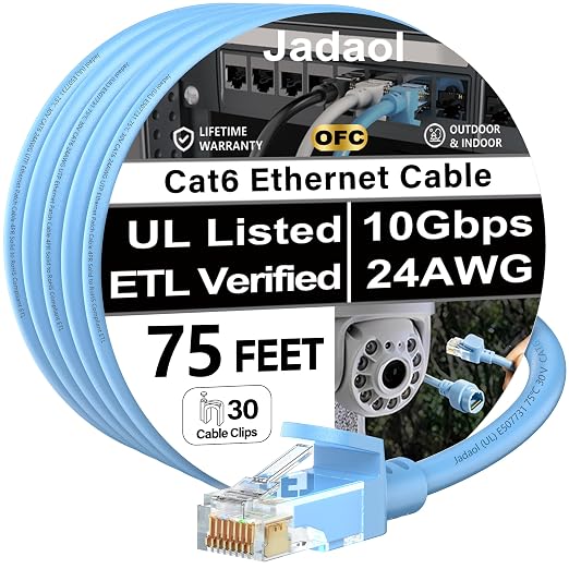 Jadaol [UL Listed Cat6 Ethernet Cable 75FT with Clips 10Gbps 24AWG, Blue by Jadaol