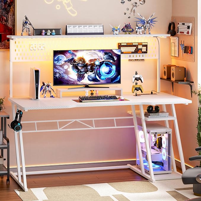 Armocity 53'' White Gaming Desk with Hutch and LED Lights, Gaming Computer Desk with Storage Shelves & Z-Shaped Legs, Reversible PC Game Desk with Pegboard for Bedroom, Carbon Fiber Surface - Image 2