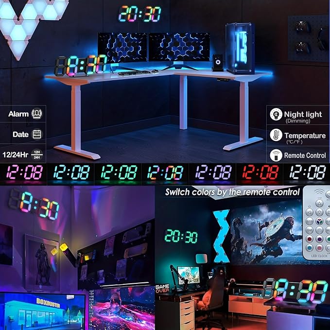KOSUMOSU LED Digital Clock Neon Clock 9.7" Black Gaming Clock RGB LED Wall Clock for Living Room Desk Clock Large Display Clock for Bedroom, Black Clock with Dimming - Image 2