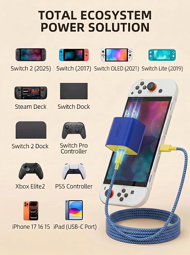 Switch 2 Charger - 60W AC Adapter (Blue & Yellow), 6.6FT Fast Charging Cable, Supports 4K TV Dock Mode, 20V/3A Power Supply for Nintendo Switch/OLED/Lite & Steam Deck - Image 9