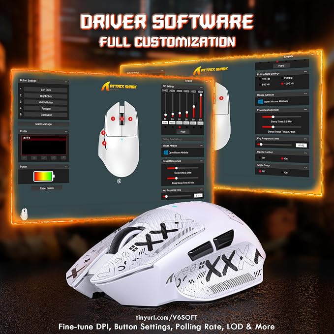 ATTACK SHARK V6 65g Wireless Gaming Mouse with RGB Magnetic Charging Dock,BT/2.4G Wireless/Wired Mouse with Tape 1K Polling,PixArt PAW3311 Sensor,25K DPI,Programmable Gamer Mice for PC/Win/Mac (White) - Image 8