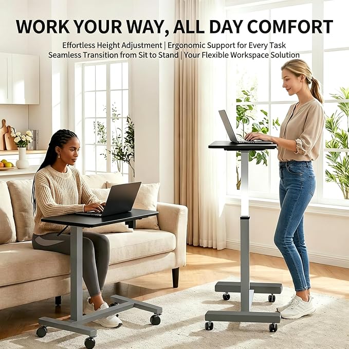 Adjustable Overbed Table with Wheels, Pneumatic Height Lift Rolling Bedside Table, Standing Desk for Home & Office Use, Ideal for Seniors & Limited Mobility (Black) - Image 4