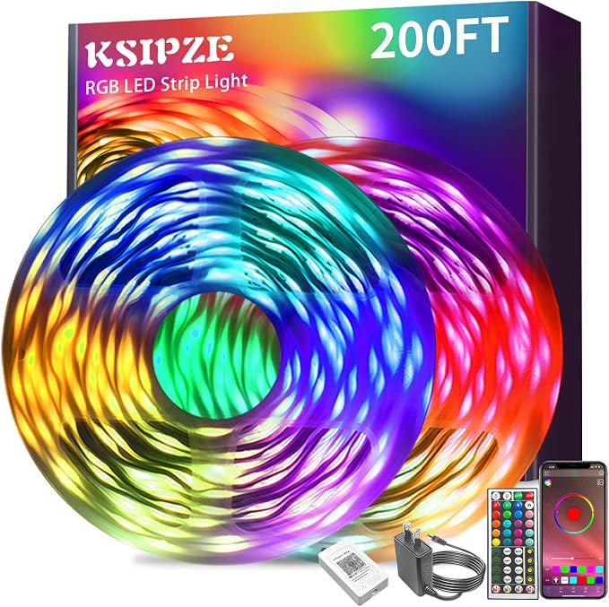 KSIPZE 200ft (2 Rolls of 100 ft) Led Strip Lights RGB Music Sync Color Changing Bluetooth Led Lights with Smart App Control Remote Led Lights for Bedroom Room Lighting Flexible Home Décor by KSIPZE