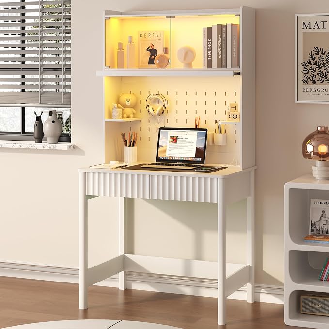 Lvifur 31.5" LEDStudy Desk with Drawer,Hutch,Reading Lights | Computer Desk with Charging Station,2 Drawer,Compact Writing Desks,Home Office Desks for Bedroom,White - Image 9