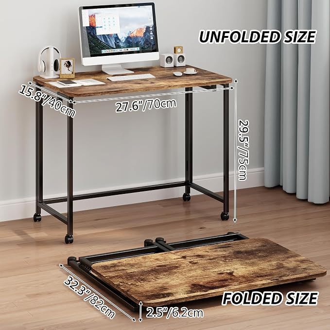 JSB Folding Desk for Small Spaces,Mobile Portable Rolling Laptop PC Table on Wheels,Foldable Computer Desk for Home Office,Bedroom,Dorm,Space Saving (Rustic & Brown, 27.6") - Image 2