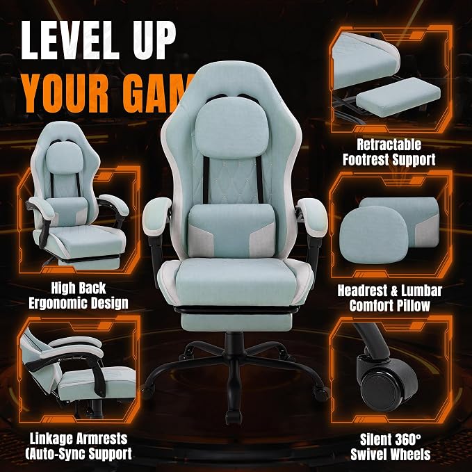 Shintenchi Gaming Chair, Ergonomic Office Chair with Footrest, Lumbar Support and Linkage Armrests, Swive Home Video Game Chairs for Adults, Blue - Image 4