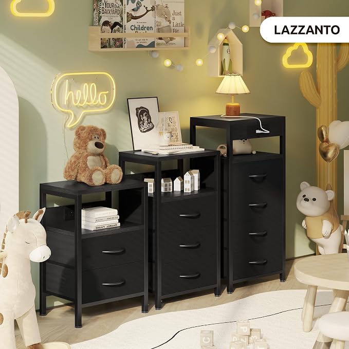 Lazzanto Night Stand with Charger Station for Bedroom, Black Nightstand - Image 7