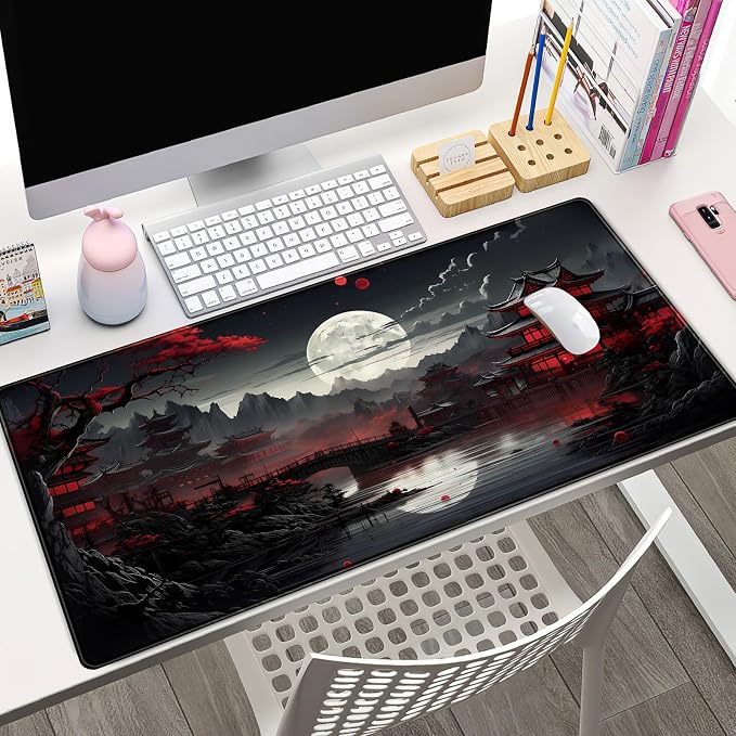 Japanese Desk Mat Riverside Full Moon Desk Pad Black Red Large Mouse Pad Gaming Mousepad Extended XXL Keyboard Pad 31.5 x 15.7 in Laptop Computer Mouse Keyboard Mat for Office Desk Decor - Image 2