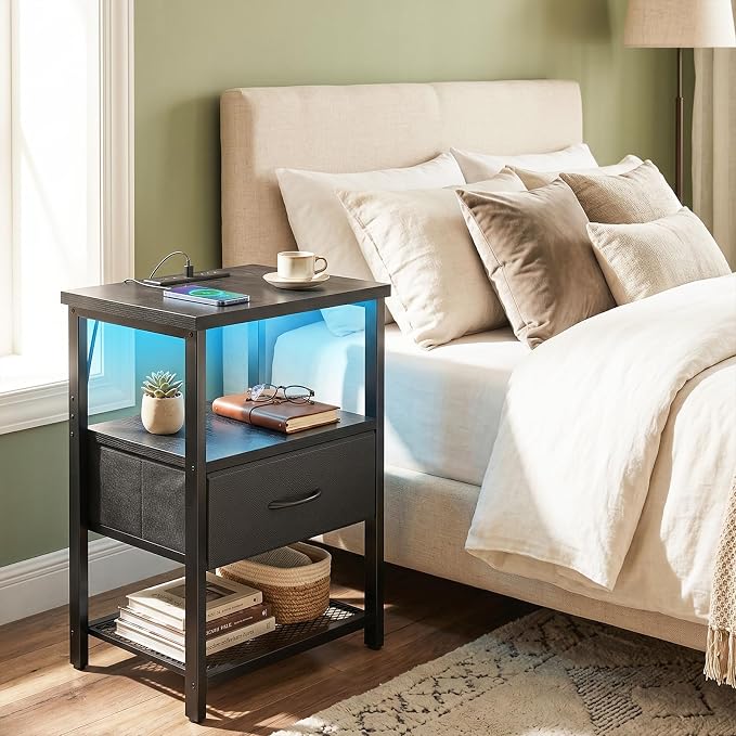Fixwal Night Stand with Charging Station, Black Led Nightstand, 1 Drawer - Image 8