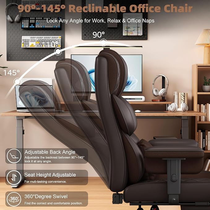 Vonesse Office Chair, Desk Chair with Soft Adjustable Armrests, Ergonomic High Back Gaming Chair with Lumbar Support, Executive Computer Chairs with Footrest (PU Leather, Brown) - Image 8