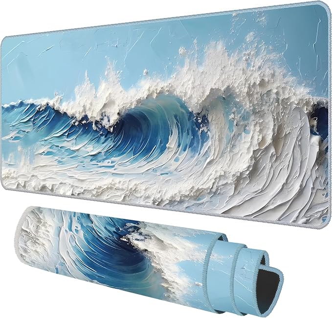 Galdas Gaming Mouse Pad XXL XL Large Long Extended Big Mousepad Non-Slip Rubber Keyboard Desk Pad with Stitched Edges for Laptop Home Office (31.5x11.8x0.08 Inch) … (Painting Waves) - Image 2