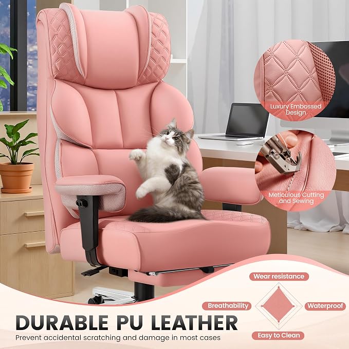 BestGlory Office Desk Chair, Big and Tall Leather Gaming Chair with Footrest, Ergonomic Comfy Executive High-Back Reclining Computer Chairs, Wide Swivel Rolling Wheels and Padded Lumbar Support, Pink - Image 4