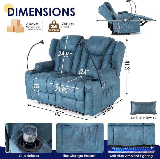Redlife Power Loveseat Recliner Sofa with Blue LED Base Lights - Image 3