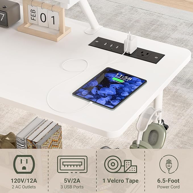 Height Adjustable Standing Desk with Power Outlets and LED Lights - 32" Manual Stand Up Desk with Monitor Stand and Storage Shelves Small Mobile Rolling Computer Desk Portable Laptop Table, White - Image 8