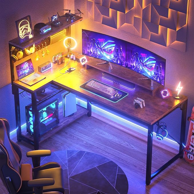 Homieasy Small Gaming Desk with Power Outlets Pegboard LED Light, 51 Inch L Shaped Computer Desk with Monitor Stand Storage Shelves, Reversible Corner Desk with Headset Hooks, Rustic Brown - Image 2