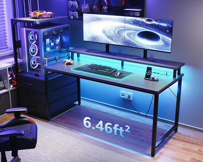 AODK 63 inch Gaming Desk with PC Display Stand, Reversible Steel Wood Computer Desk for Gaming Setup, Tiered Design to Show Off Your PC Tower & Accessories, Black - Image 2