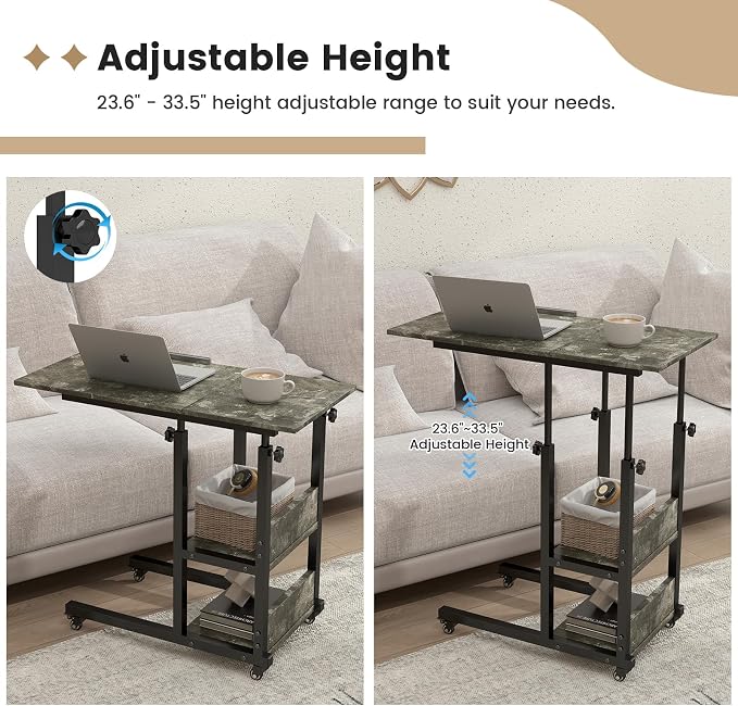 Hadulcet Adjustable C Table with Charging Station, Tiltable Desk C Shaped End Table for Couch, Over Bed Table with Wheels Adjustable Height, Laptop Stand Drawing Desk, Marble Grey - Image 4
