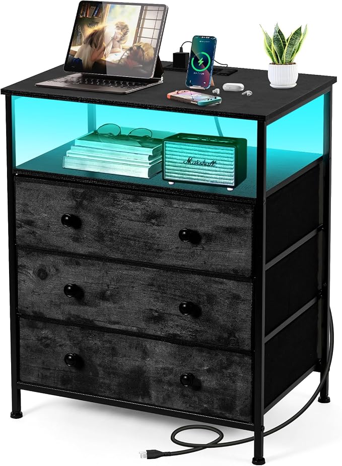 3-Drawer LED Nightstand with Charging Station, Black. by PATAVOT