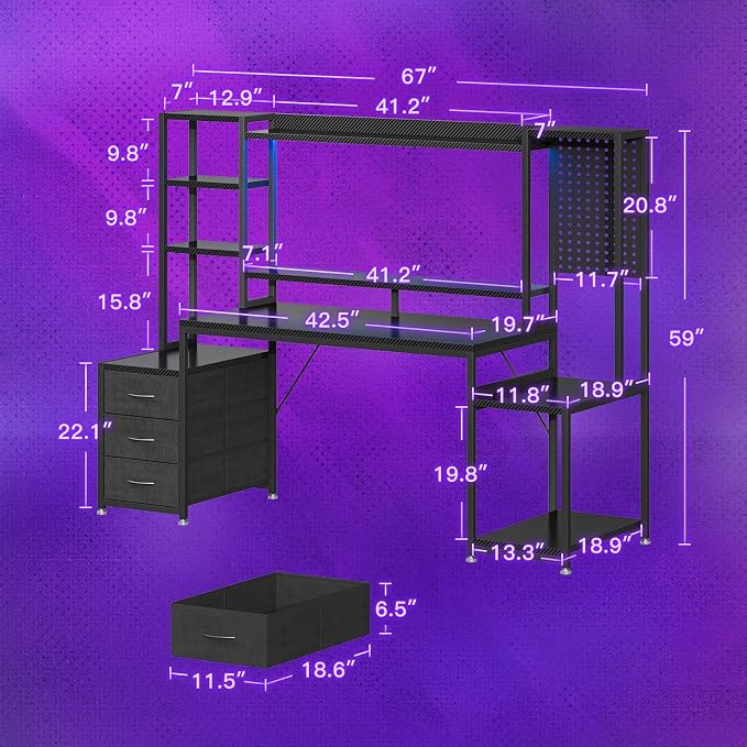 AODK 67 Inch Gaming Desk with Display Shelves, 3 Drawers, LED Lights, Hutch | Large Computer Desk with Pegboard & PC Shelf & Storage Shelves, Reversible Office Desk for Home, Carbon Fiber Black - Image 3