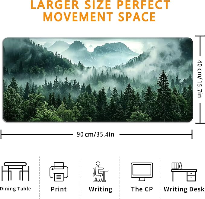 Green Misty Forest Desk Mat, XXL 35.4"x15.7" Large Mouse Pad, Mountains Extended Gaming Mouse Mat,Non-Slip Rubber Base Waterproof with Stitched Edges for Gaming Office Home Decor - Image 3