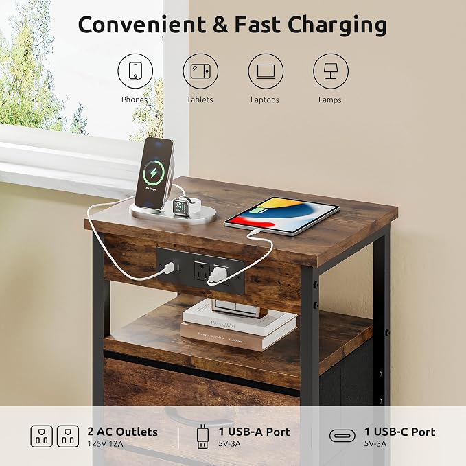 Lazzanto Night Stand with Charger Station, 4 Fabric Drawers, Brown - Image 3