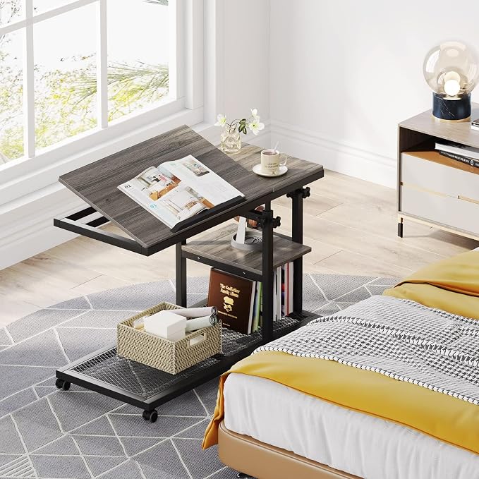 Tribesigns Height Adjustable C Table with Wheels, Mobile Couch Snack Side Table with Tiltable Drawing Board, Sofa Bedside Laptop Stand C Shaped TV Tray with Storage Shelves (Grey) - Image 6