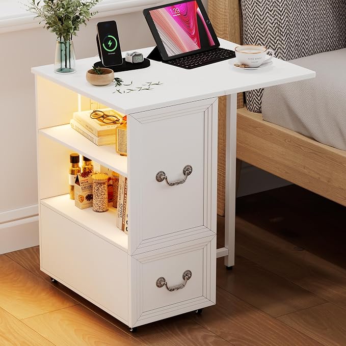 Dystler Rolling Side Table on Wheels, with Drawers & LED Lights Charging - Image 9