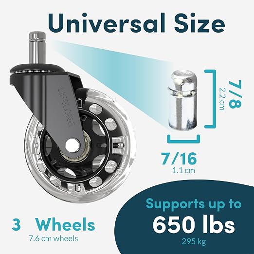 Lifelong Gaming Office Chair Wheels Replacement, Heavy Duty, 5-Pack | Original RGB Rubber Caster, Smooth & Quiet, Safe for Hardwood Floors & Carpet, Replace Office Chair Mats, Fits 98% - Image 4