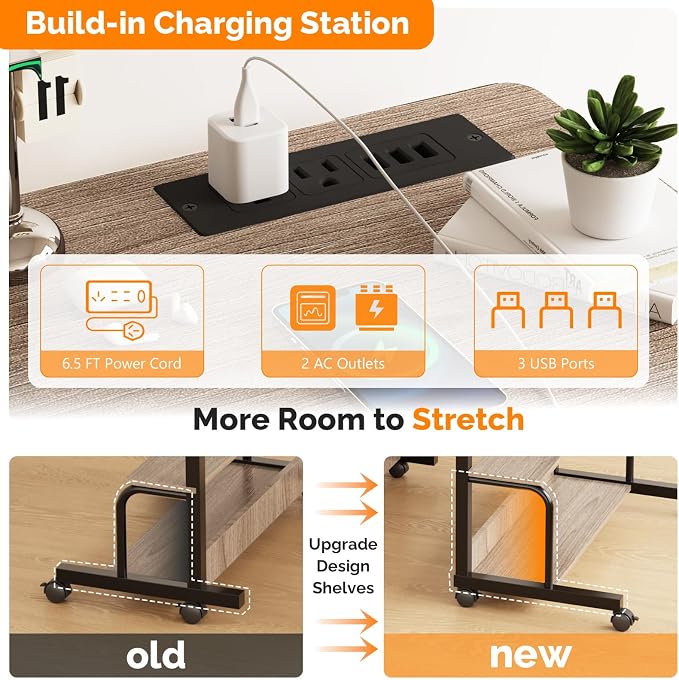 FCH 31.5" Mobile Small Standing Desk, Adjustable Height Mobile Computer Desk, w/2 AC Outlets + 3 USB Ports & Hooks, Storage Shelves, Suitable for Gaming, Studying, Home Office, Gray - Image 5